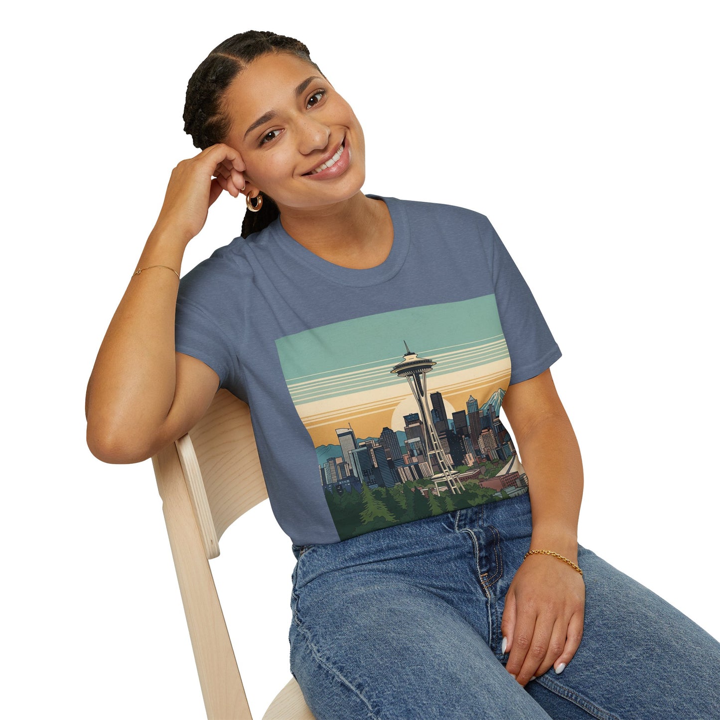 Seattle Skyline Unisex Softstyle T-Shirt, Vintage Graphic Tee, Casual Wear, Gift for Travelers, Seattle Souvenir