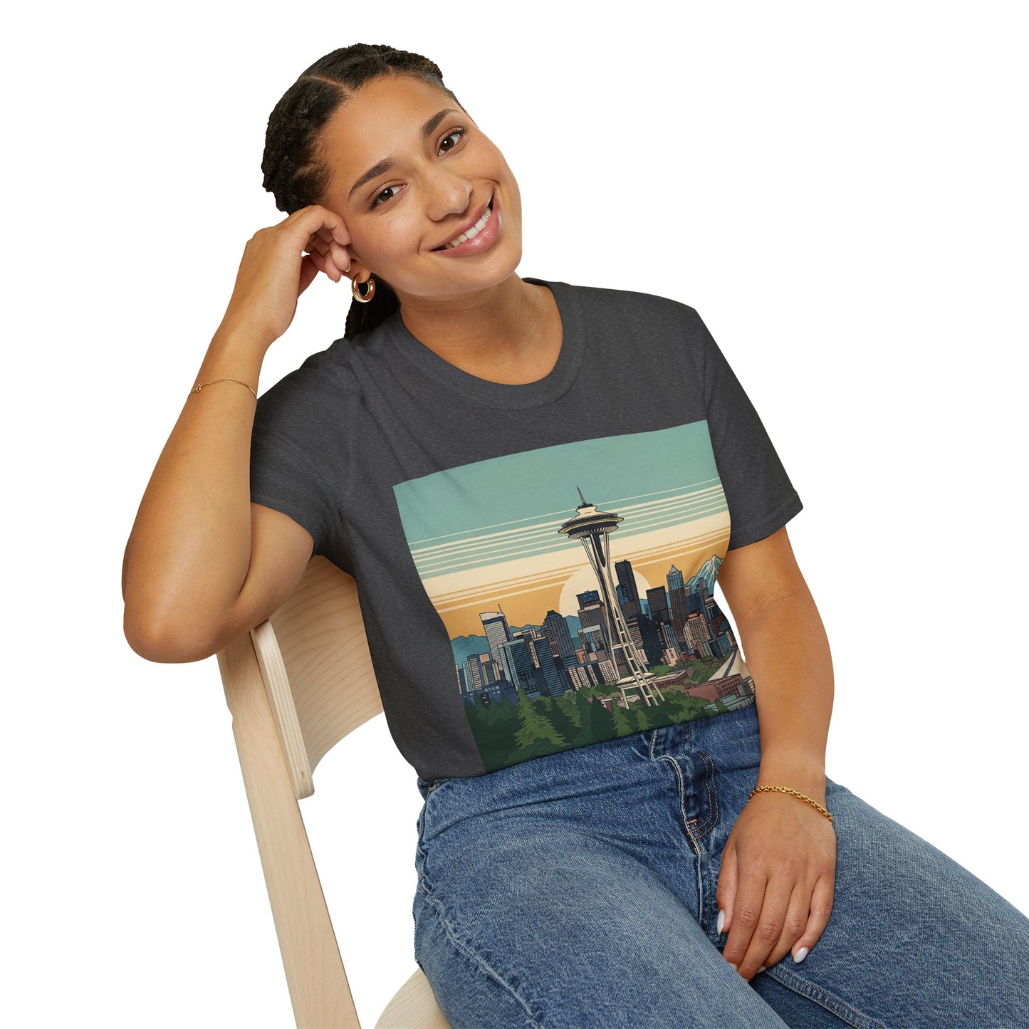 Seattle Skyline Unisex Softstyle T-Shirt, Vintage Graphic Tee, Casual Wear, Gift for Travelers, Seattle Souvenir