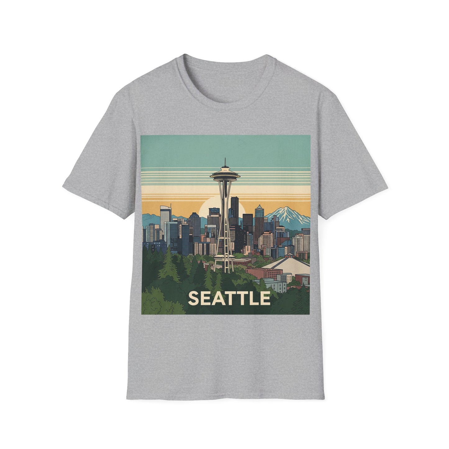 Seattle Skyline Unisex Softstyle T-Shirt, Vintage Graphic Tee, Casual Wear, Gift for Travelers, Seattle Souvenir