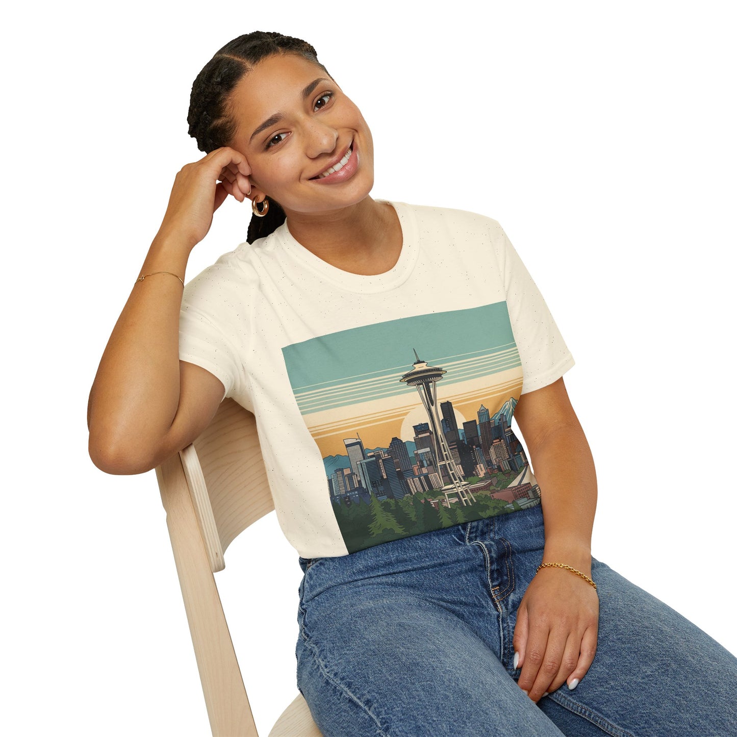 Seattle Skyline Unisex Softstyle T-Shirt, Vintage Graphic Tee, Casual Wear, Gift for Travelers, Seattle Souvenir