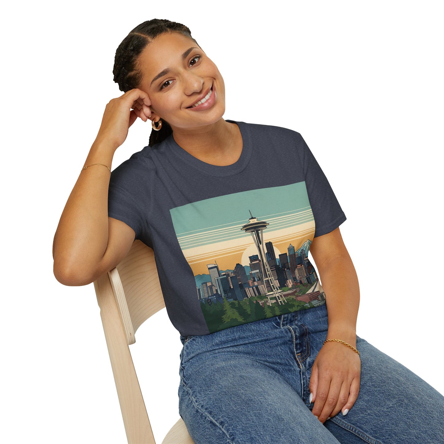 Seattle Skyline Unisex Softstyle T-Shirt, Vintage Graphic Tee, Casual Wear, Gift for Travelers, Seattle Souvenir