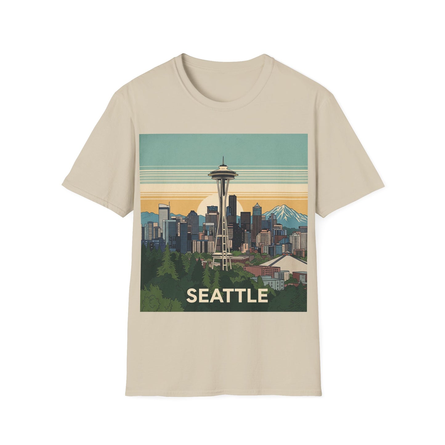 Seattle Skyline Unisex Softstyle T-Shirt, Vintage Graphic Tee, Casual Wear, Gift for Travelers, Seattle Souvenir