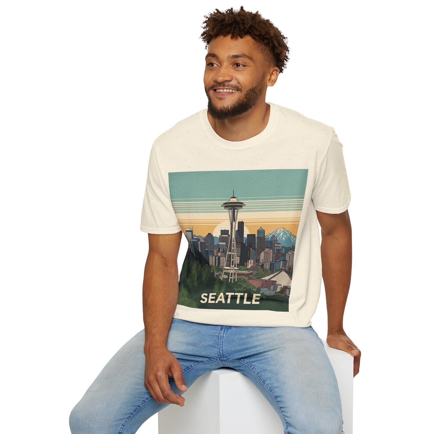 Seattle Skyline Unisex Softstyle T-Shirt, Vintage Graphic Tee, Casual Wear, Gift for Travelers, Seattle Souvenir