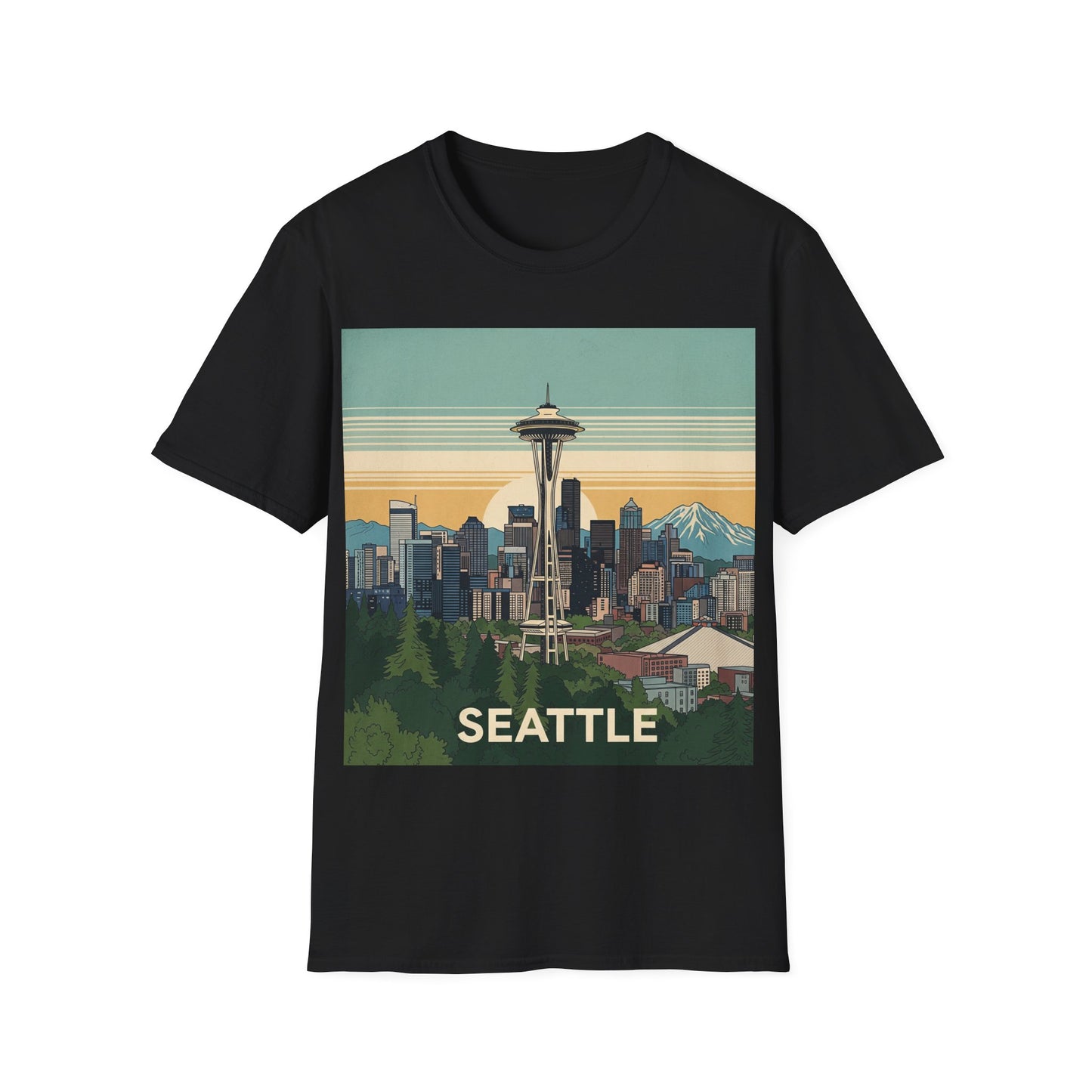 Seattle Skyline Unisex Softstyle T-Shirt, Vintage Graphic Tee, Casual Wear, Gift for Travelers, Seattle Souvenir