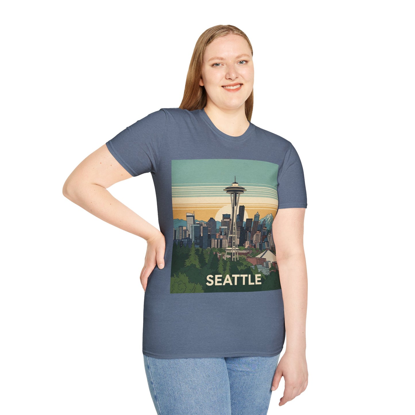 Seattle Skyline Unisex Softstyle T-Shirt, Vintage Graphic Tee, Casual Wear, Gift for Travelers, Seattle Souvenir