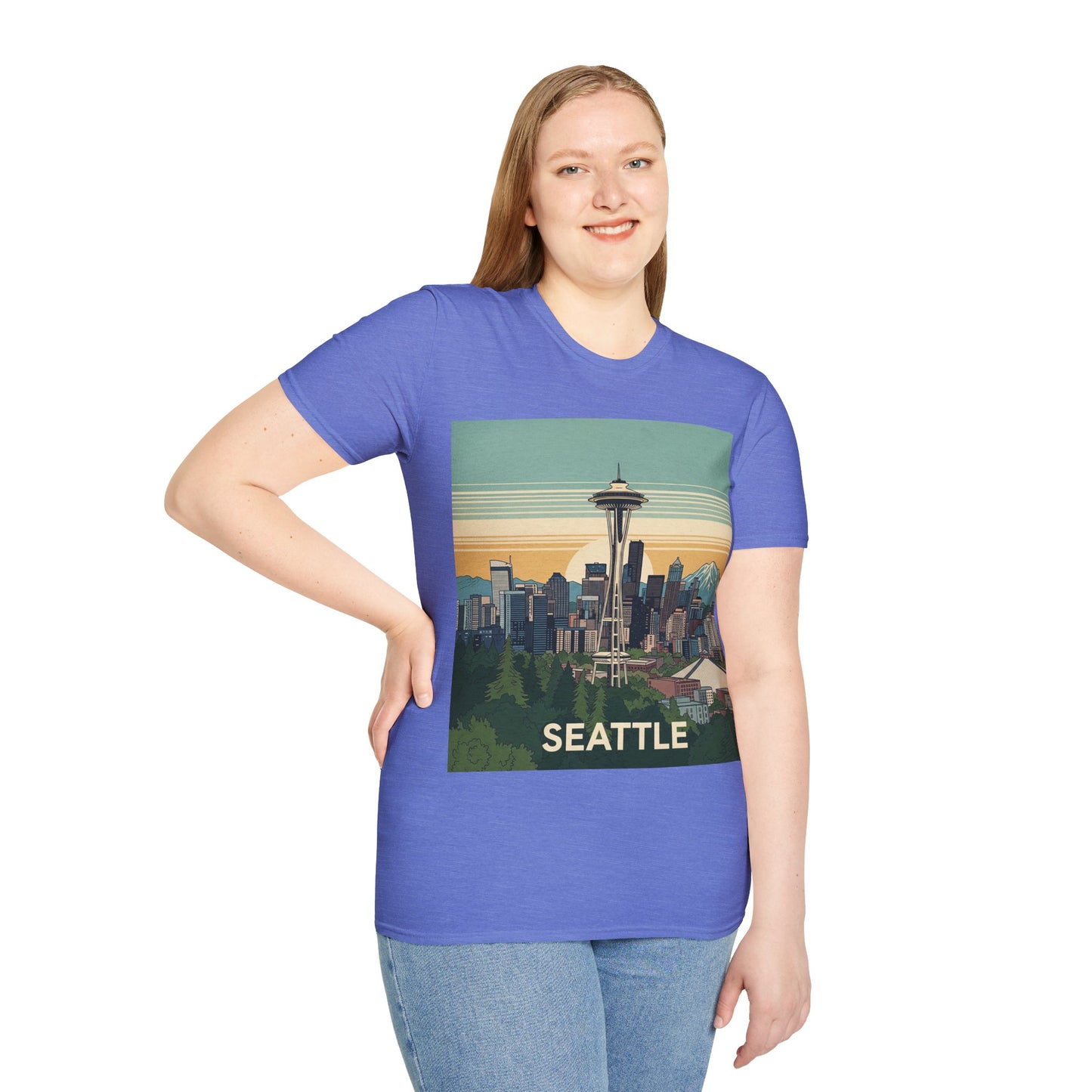 Seattle Skyline Unisex Softstyle T-Shirt, Vintage Graphic Tee, Casual Wear, Gift for Travelers, Seattle Souvenir