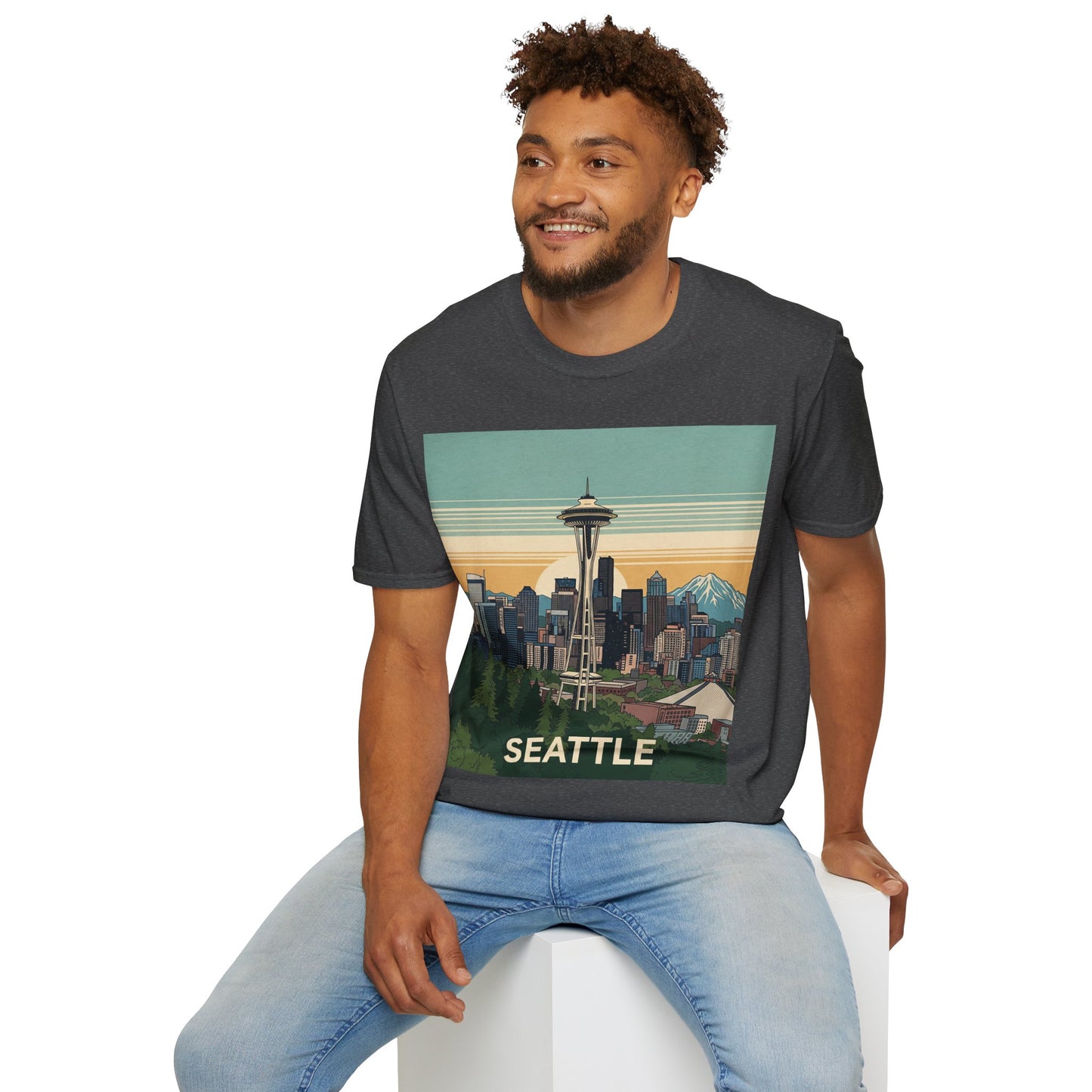 Seattle Skyline Unisex Softstyle T-Shirt, Vintage Graphic Tee, Casual Wear, Gift for Travelers, Seattle Souvenir