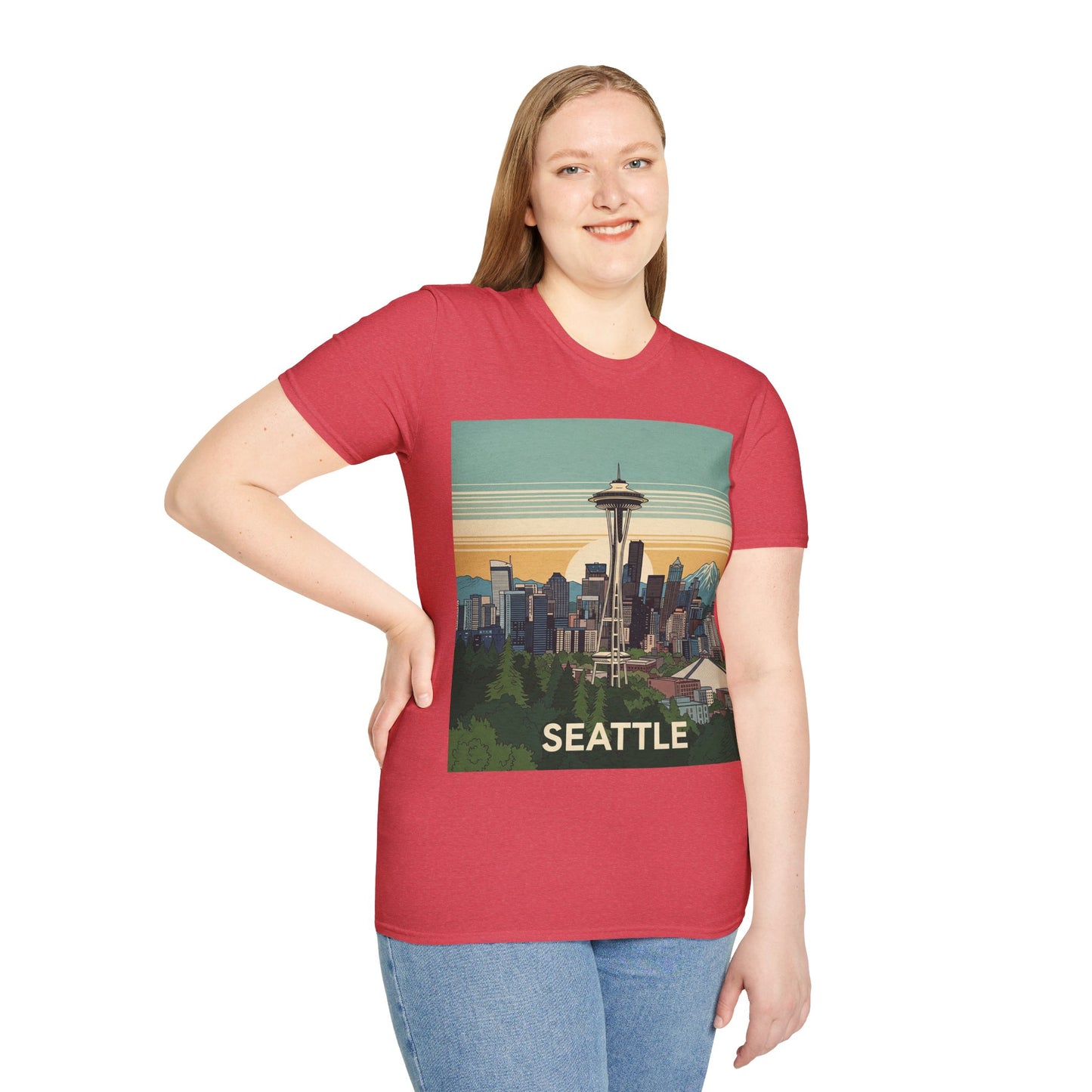 Seattle Skyline Unisex Softstyle T-Shirt, Vintage Graphic Tee, Casual Wear, Gift for Travelers, Seattle Souvenir