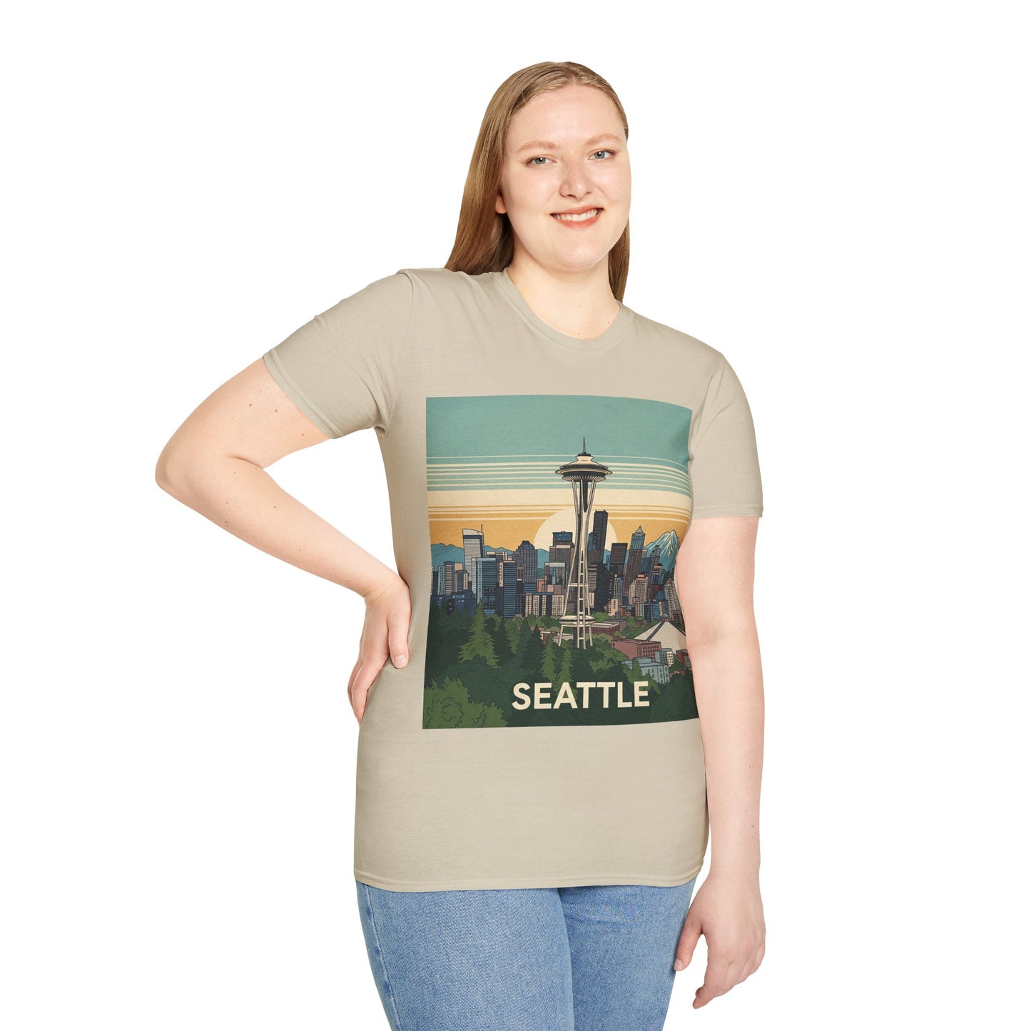 Seattle Skyline Unisex Softstyle T-Shirt, Vintage Graphic Tee, Casual Wear, Gift for Travelers, Seattle Souvenir