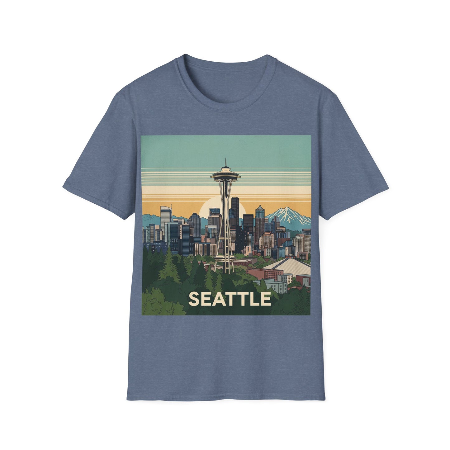 Seattle Skyline Unisex Softstyle T-Shirt, Vintage Graphic Tee, Casual Wear, Gift for Travelers, Seattle Souvenir