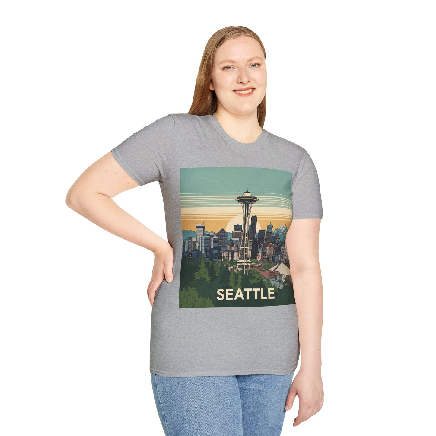 Seattle Skyline Unisex Softstyle T-Shirt, Vintage Graphic Tee, Casual Wear, Gift for Travelers, Seattle Souvenir
