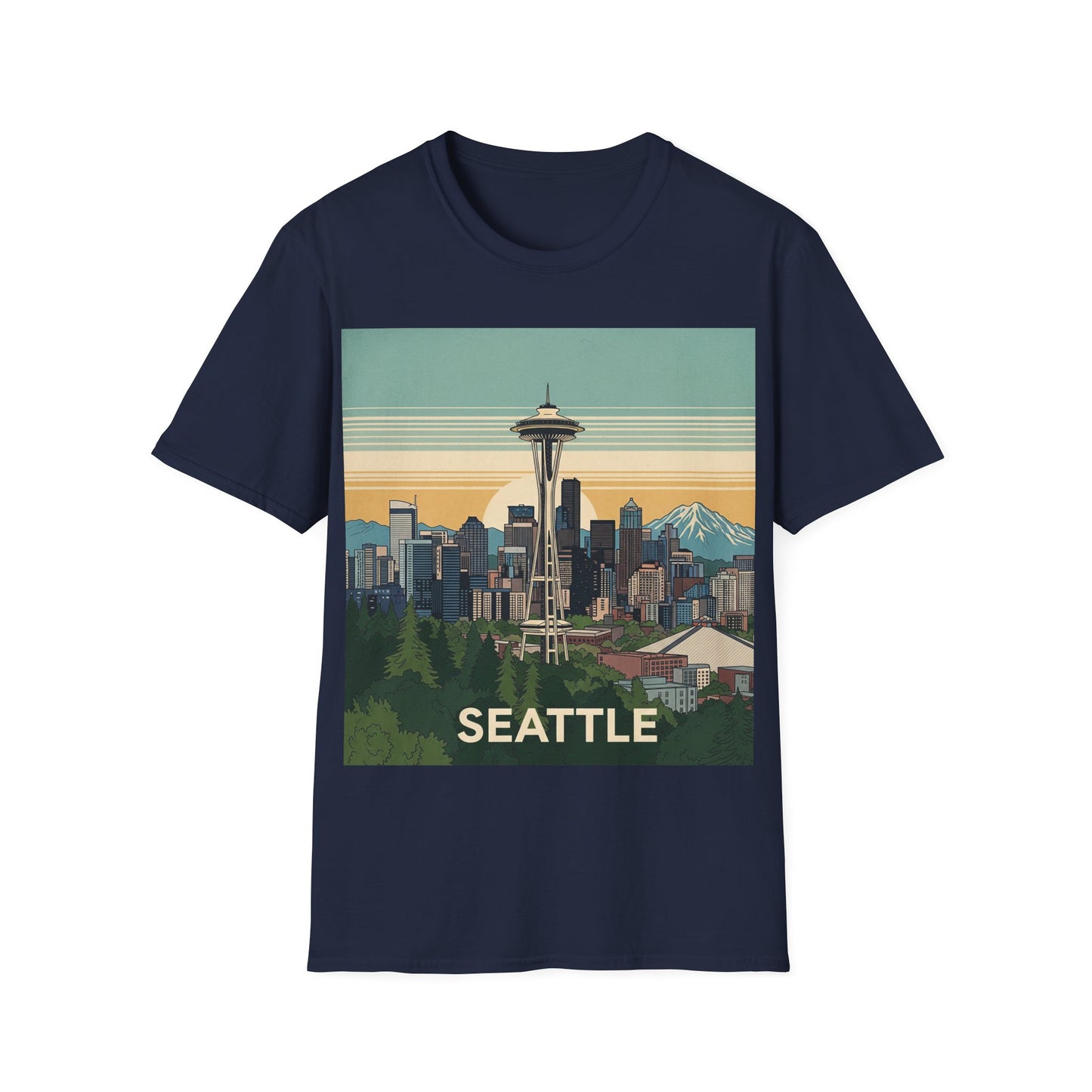 Seattle Skyline Unisex Softstyle T-Shirt, Vintage Graphic Tee, Casual Wear, Gift for Travelers, Seattle Souvenir