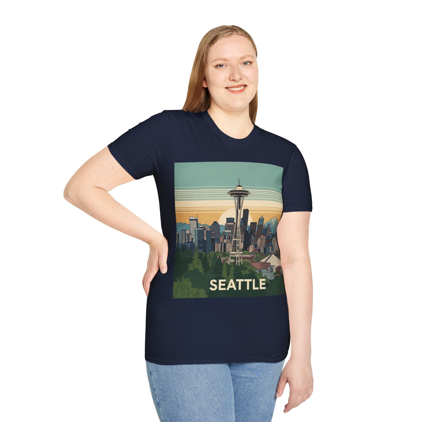 Seattle Skyline Unisex Softstyle T-Shirt, Vintage Graphic Tee, Casual Wear, Gift for Travelers, Seattle Souvenir