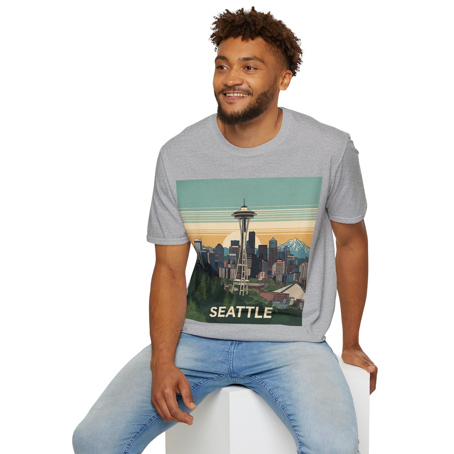 Seattle Skyline Unisex Softstyle T-Shirt, Vintage Graphic Tee, Casual Wear, Gift for Travelers, Seattle Souvenir
