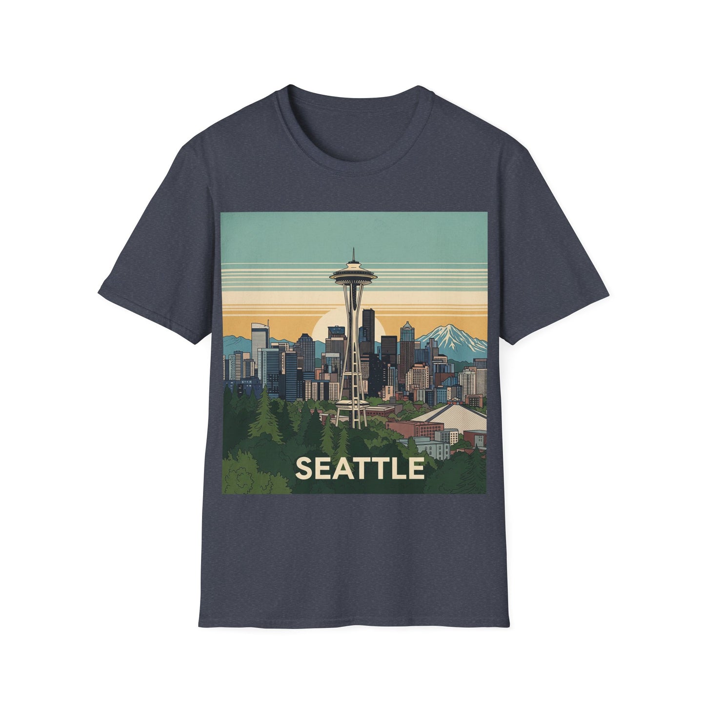 Seattle Skyline Unisex Softstyle T-Shirt, Vintage Graphic Tee, Casual Wear, Gift for Travelers, Seattle Souvenir
