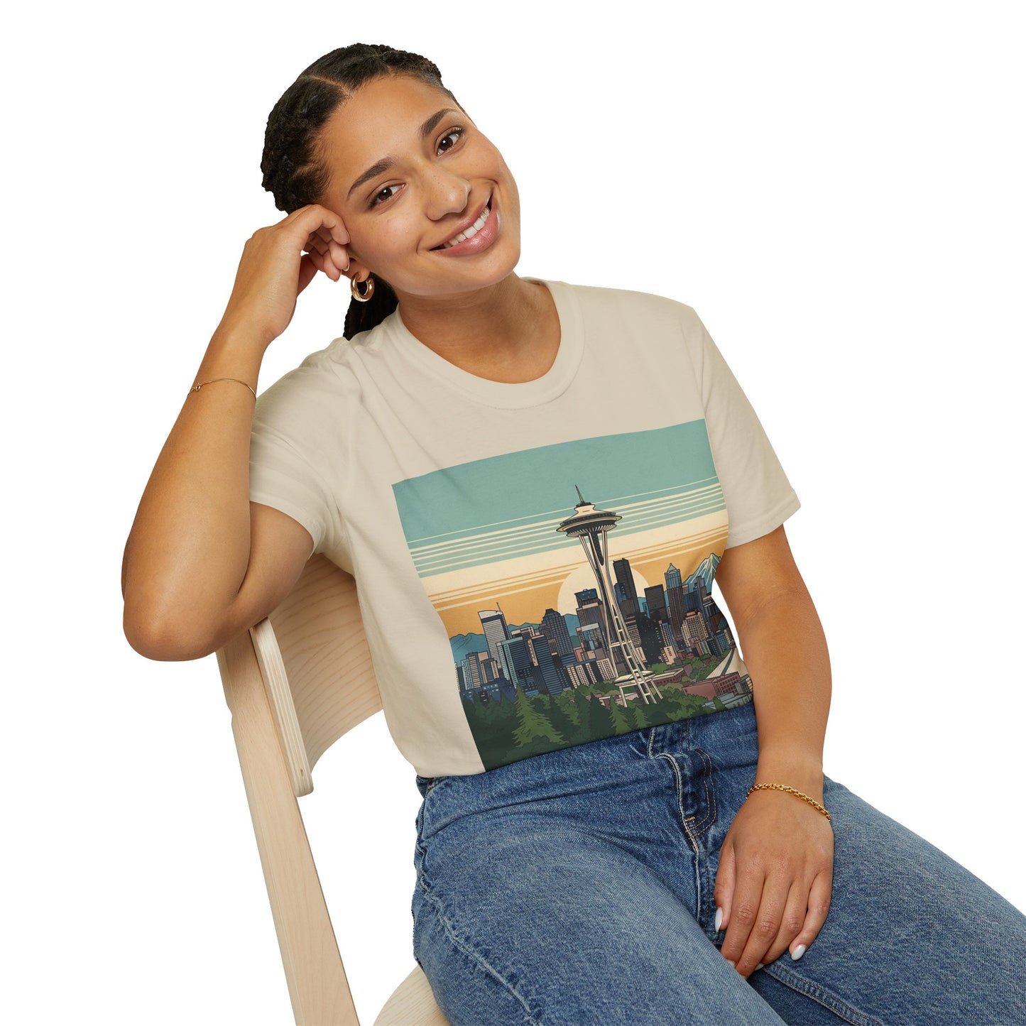 Seattle Skyline Unisex Softstyle T-Shirt, Vintage Graphic Tee, Casual Wear, Gift for Travelers, Seattle Souvenir