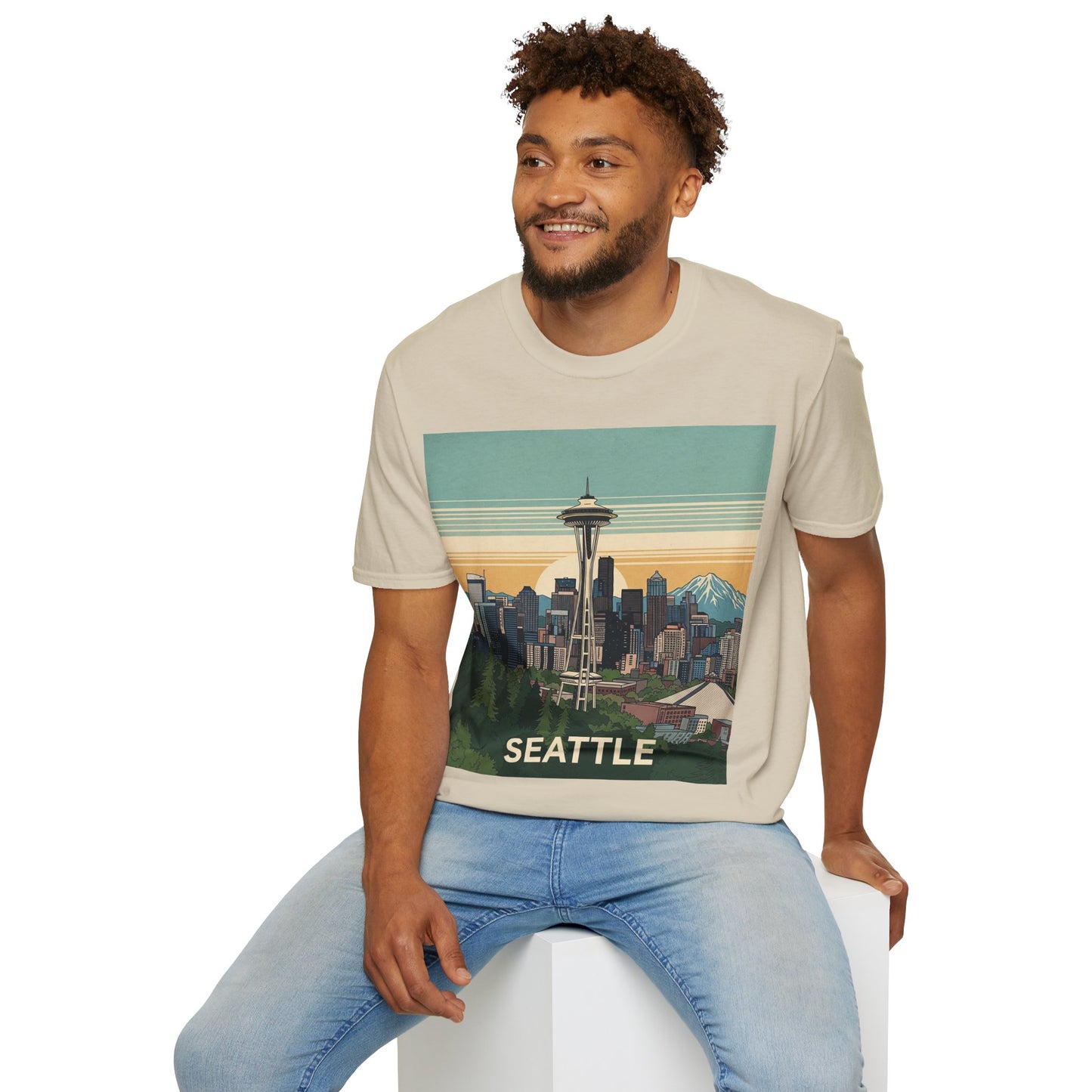 Seattle Skyline Unisex Softstyle T-Shirt, Vintage Graphic Tee, Casual Wear, Gift for Travelers, Seattle Souvenir
