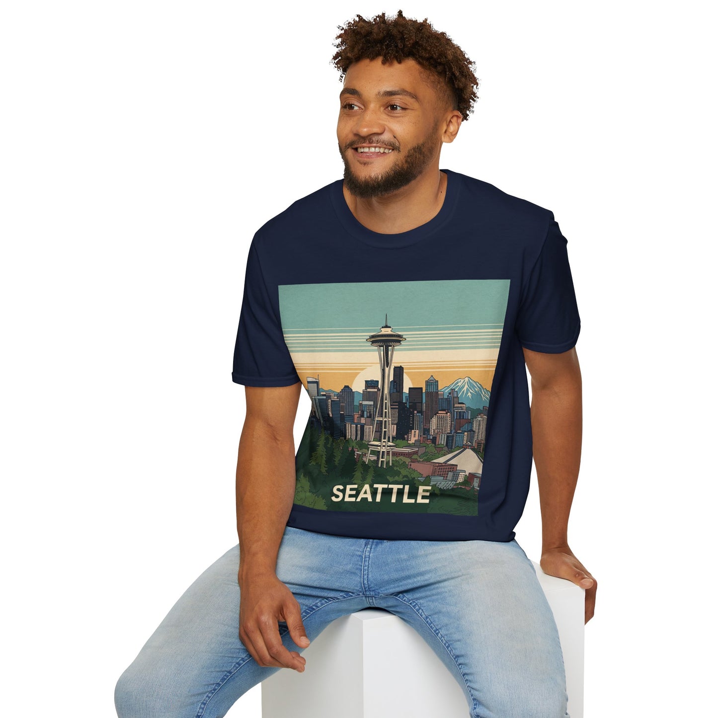 Seattle Skyline Unisex Softstyle T-Shirt, Vintage Graphic Tee, Casual Wear, Gift for Travelers, Seattle Souvenir