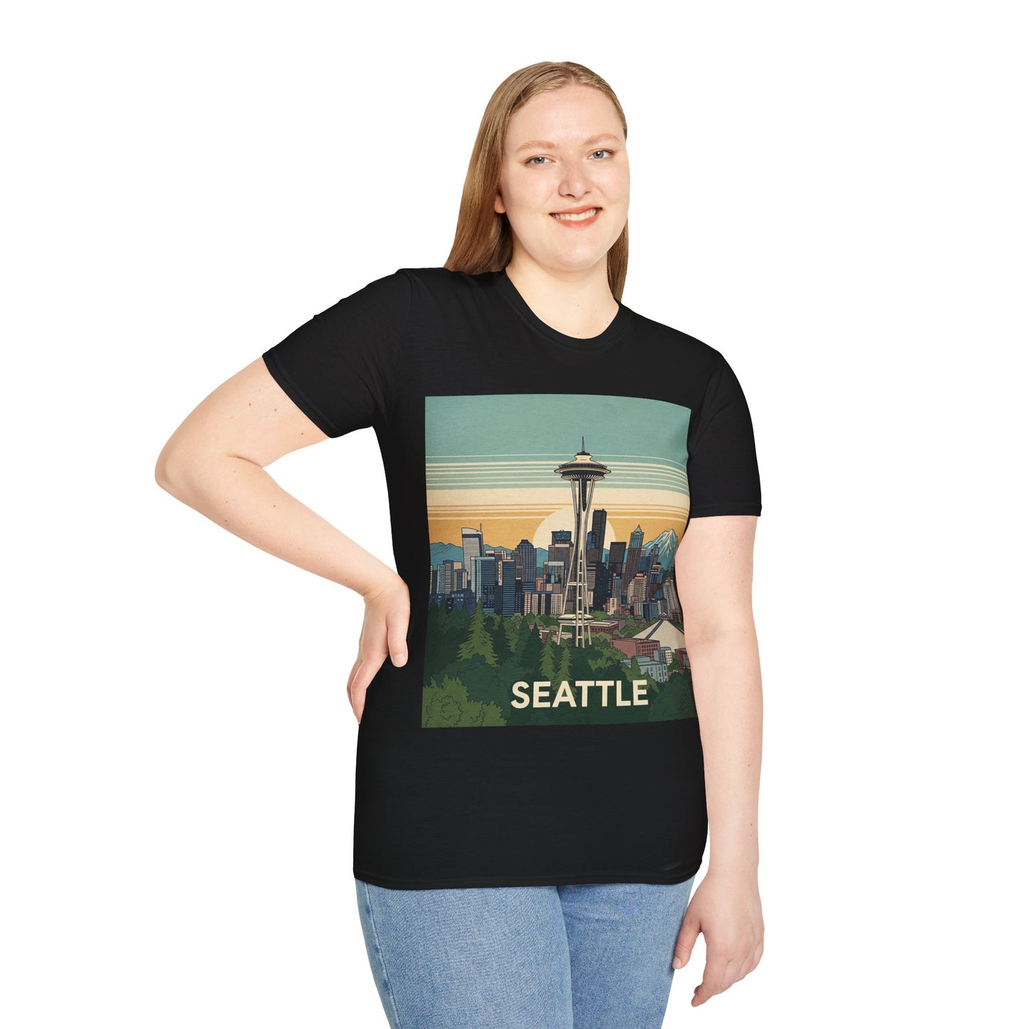 Seattle Skyline Unisex Softstyle T-Shirt, Vintage Graphic Tee, Casual Wear, Gift for Travelers, Seattle Souvenir