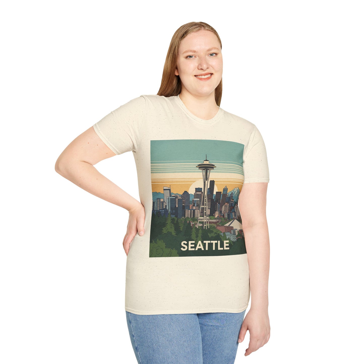 Seattle Skyline Unisex Softstyle T-Shirt, Vintage Graphic Tee, Casual Wear, Gift for Travelers, Seattle Souvenir