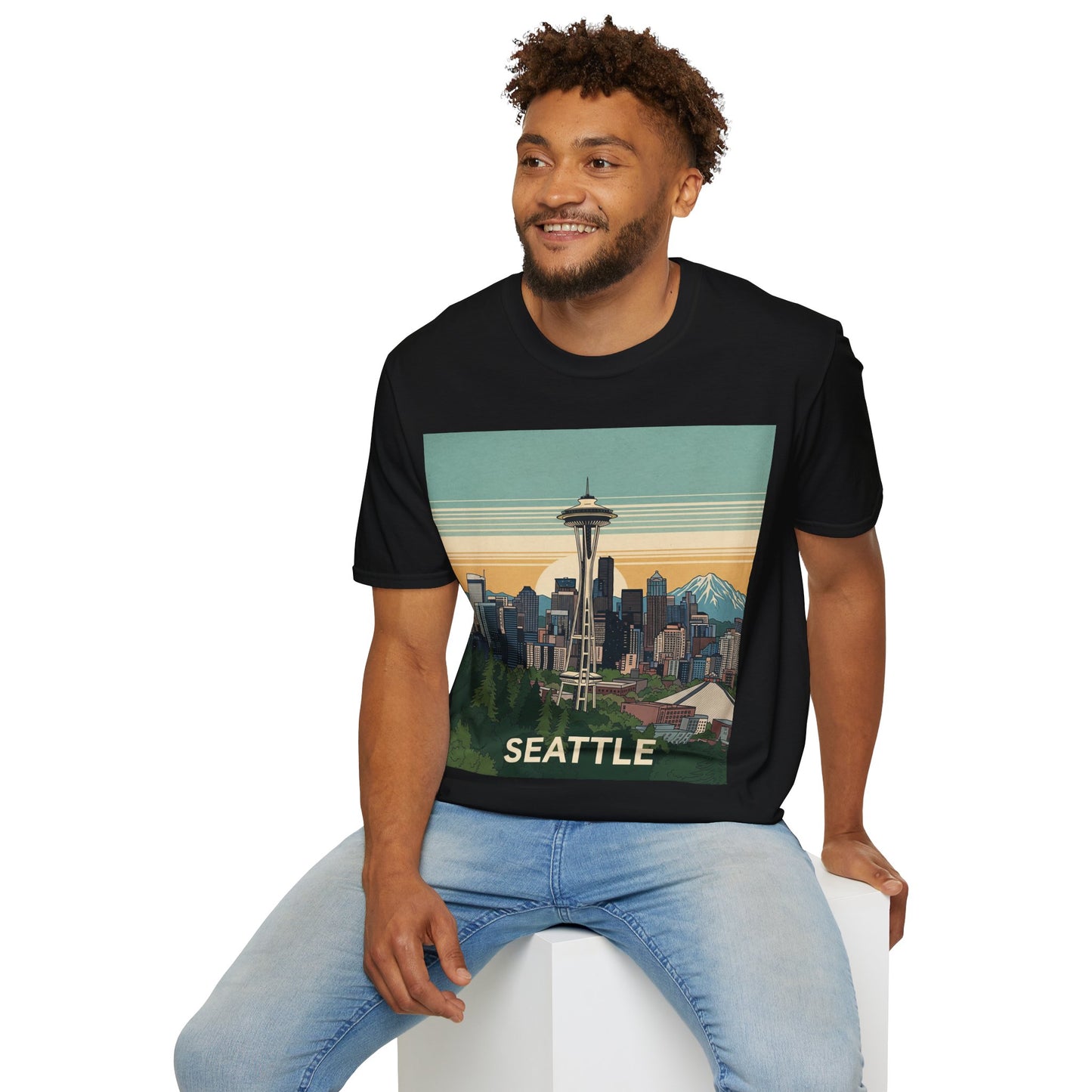 Seattle Skyline Unisex Softstyle T-Shirt, Vintage Graphic Tee, Casual Wear, Gift for Travelers, Seattle Souvenir